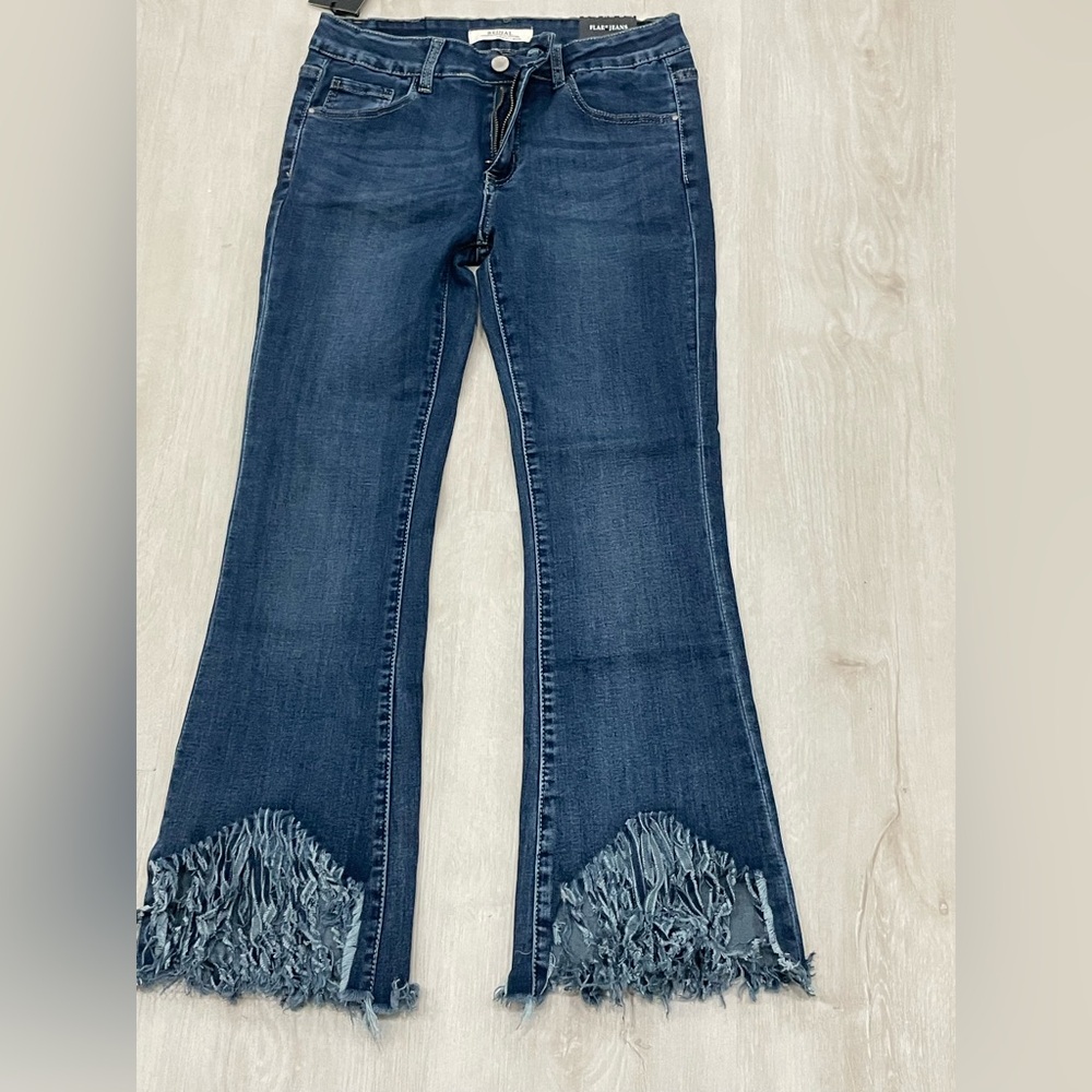 Redial Premium Denim Flare Jeans • Distressed Hem • Size 28 • NWT